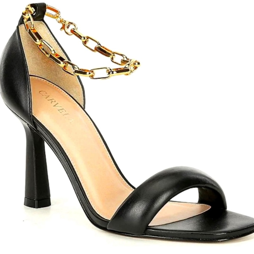EUC Carvela black leather heels with gold chain size 7.5-8 EU 38.